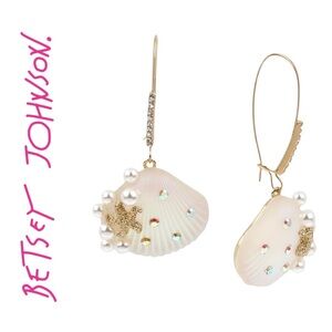 Betsey Johnson Gold-Tone Pavรฉ & Imitation Pearl Seashell Drop Earrings NWT